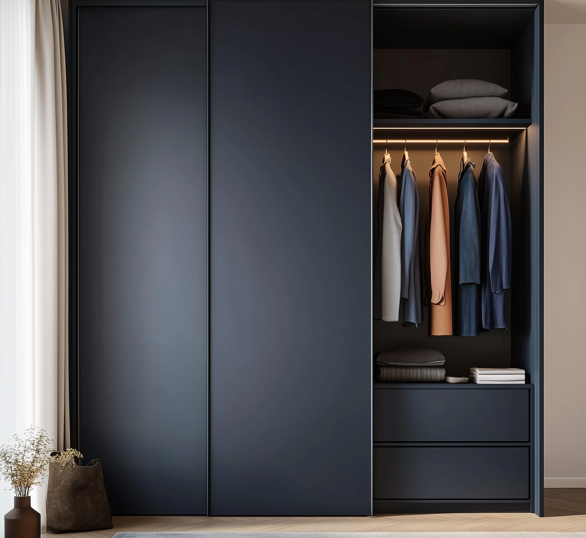 Sleek Navy Blue Sliding Wardrobe for a Modern Minimalist Bedroom | Material Depot