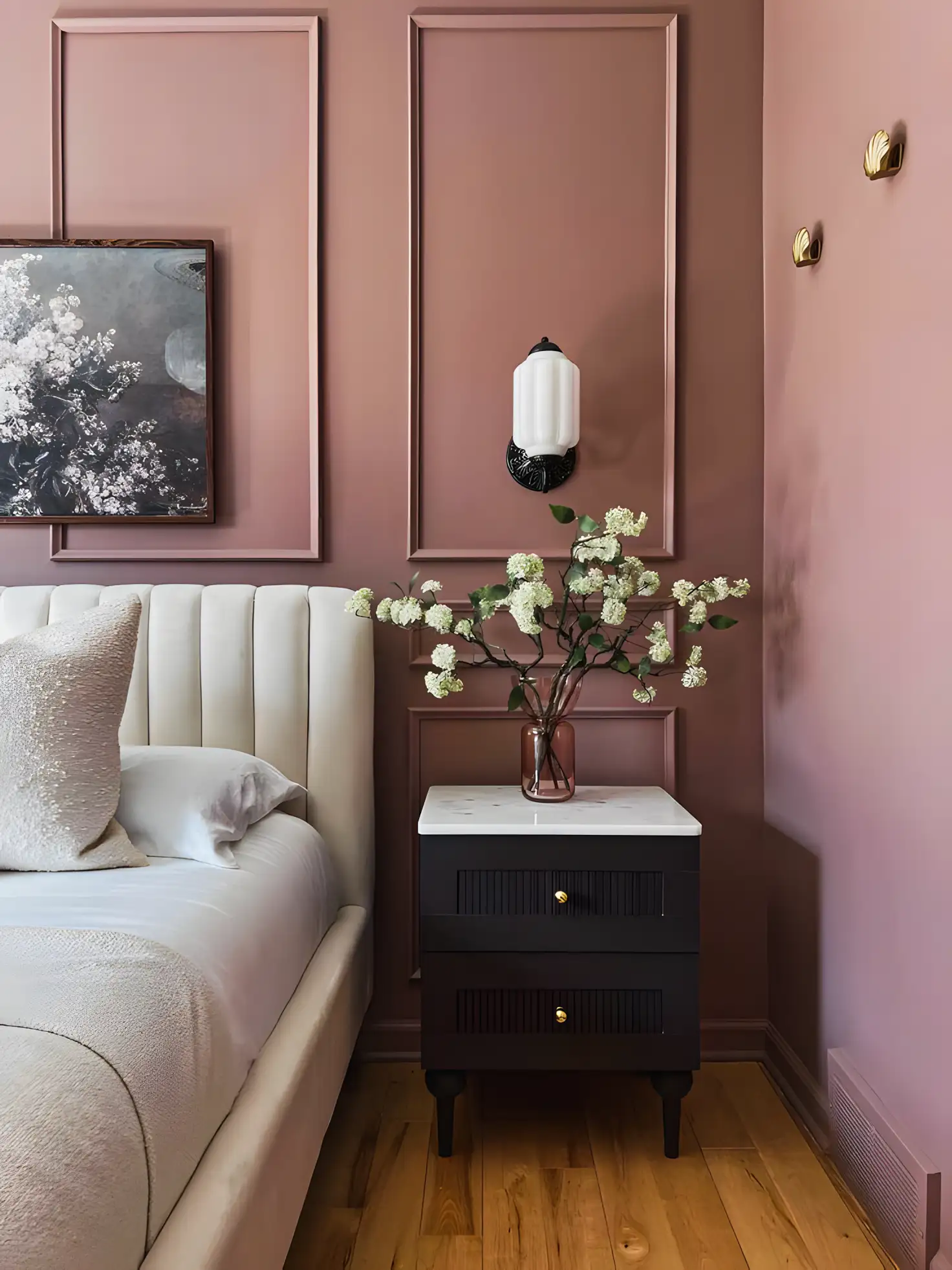 Sleek Pink Laminates Bedroom With Natural Wooden Flooring | Material Depot