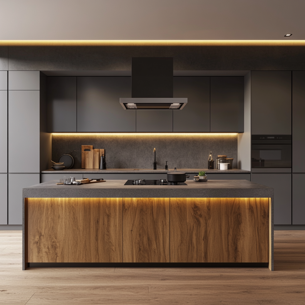 Sleek Simplicity: Minimalist Kitchen with Rich Wooden Textures and Refined Ambient Lighting | Material Depot