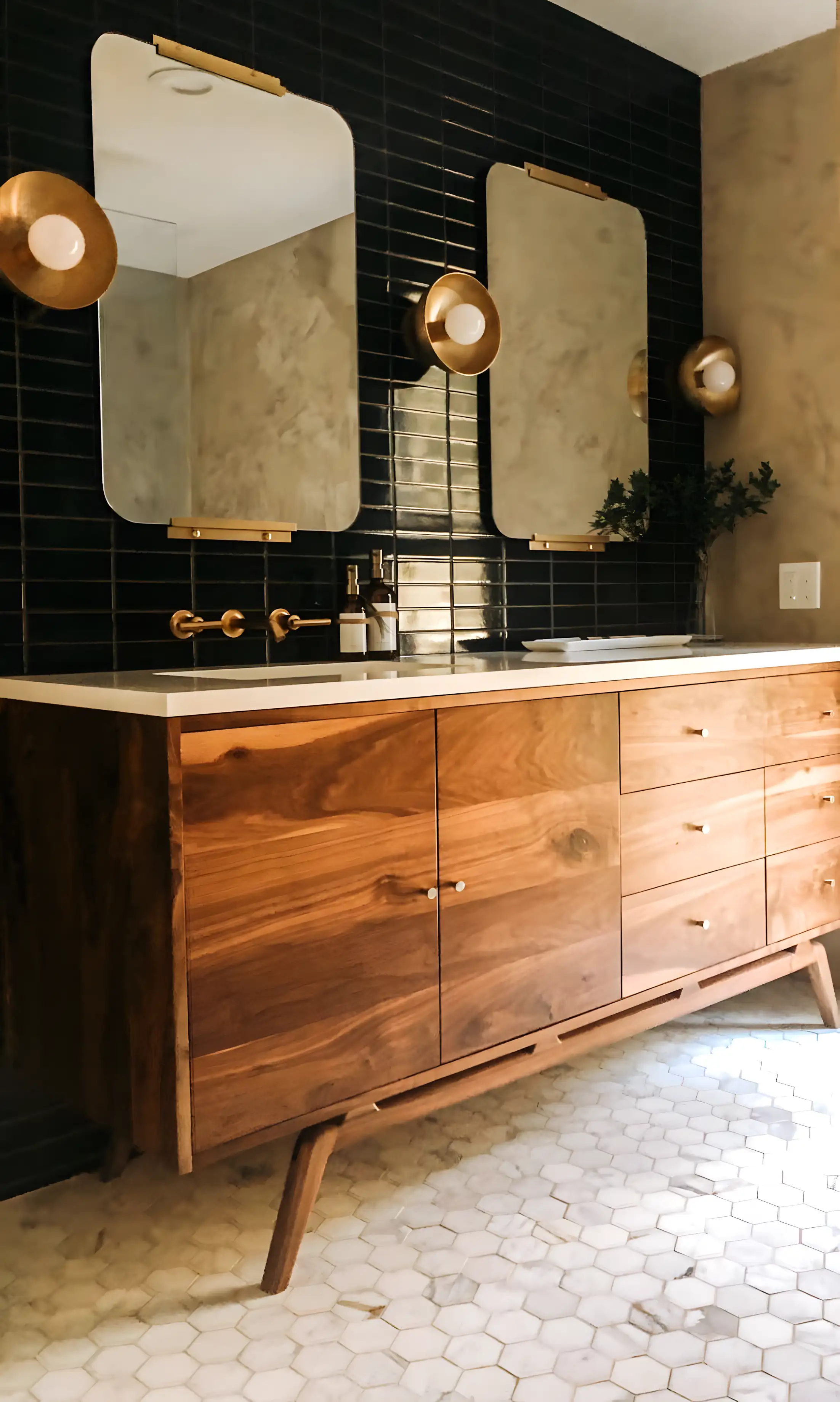 Sleek Subway Bathroom With Floating Wooden Vanity | Material Depot