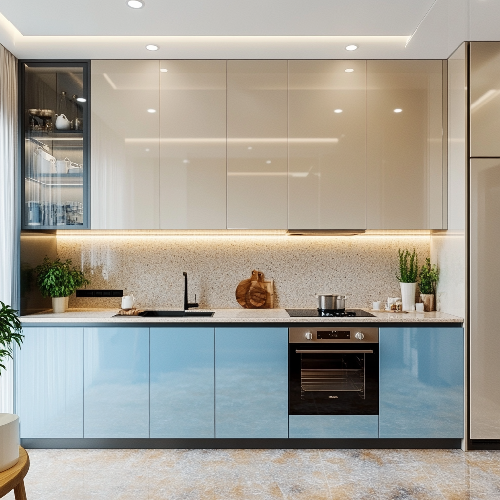 Sleek Two-Tone Kitchen with Blue and Beige Cabinets | Material Depot