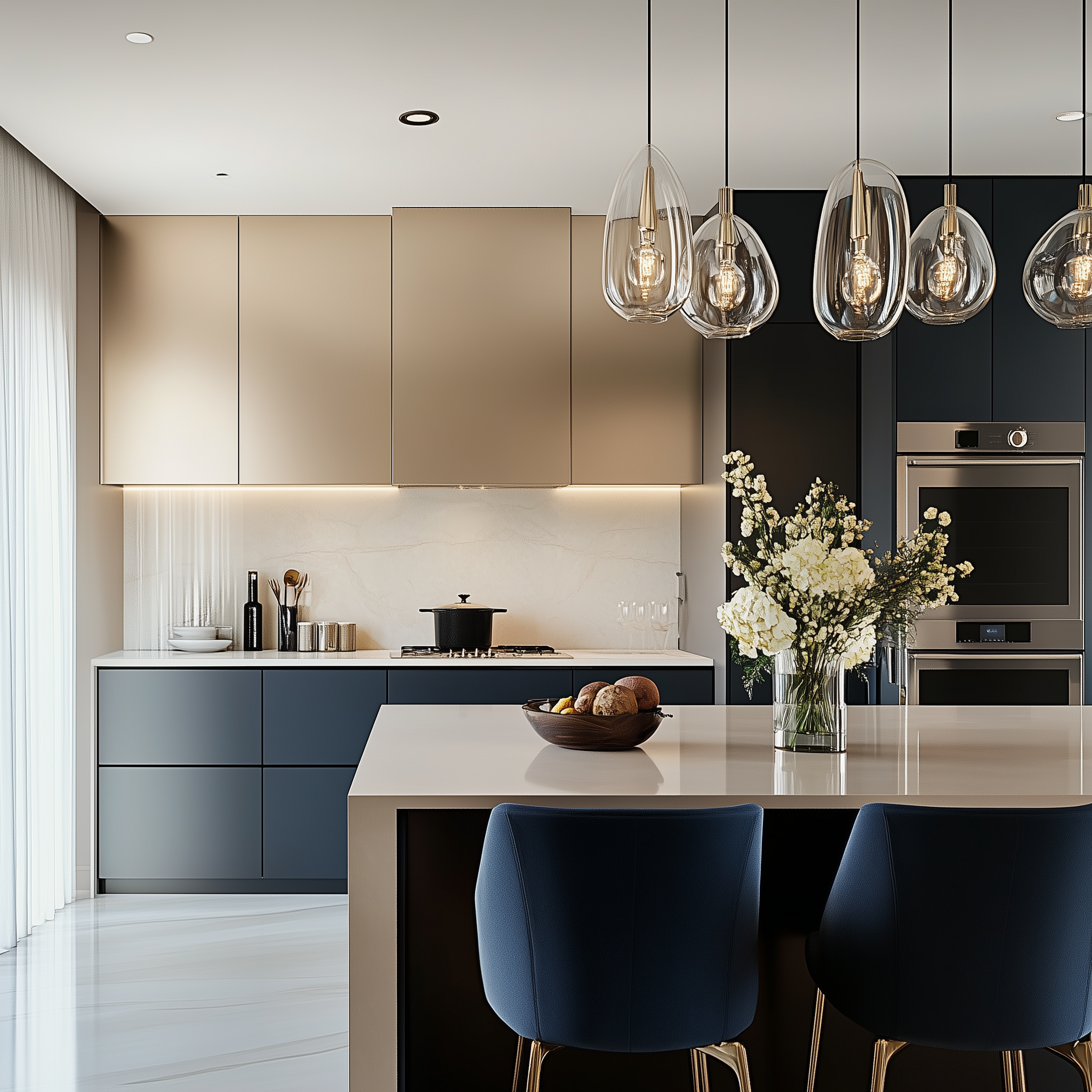 Sleek Two-Tone Kitchen with Gold Accents and Pendant Lighting | Material Depot