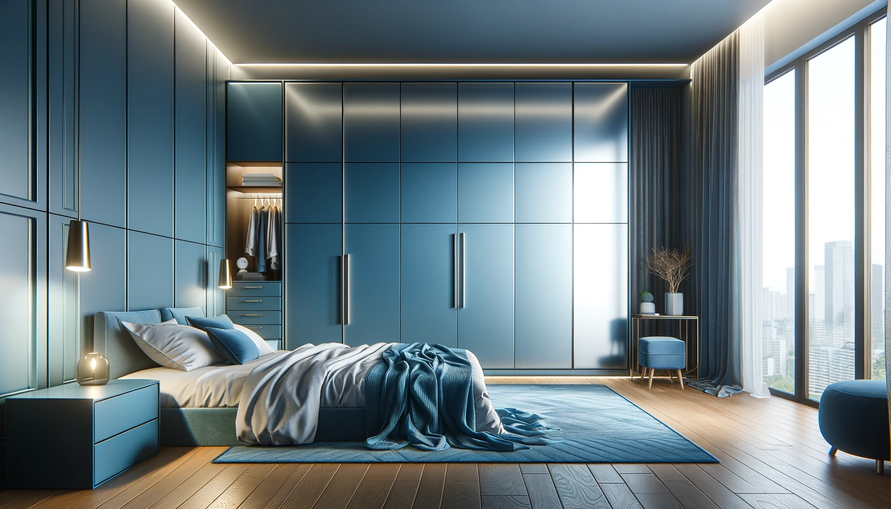 Sleek Urban Bedroom with Bold Blue Tones and Contemporary Design | Material Depot