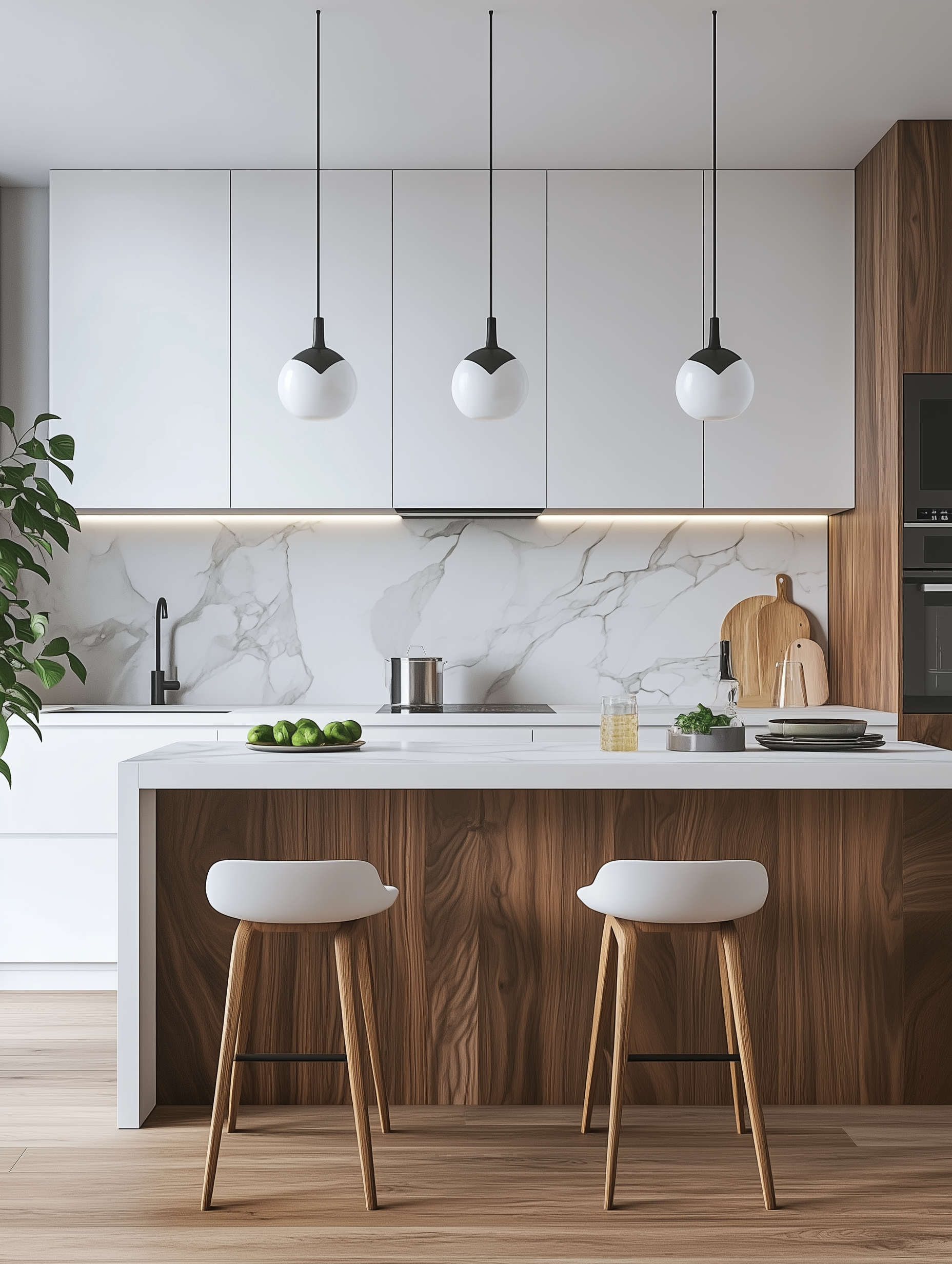 Sleek Urban Kitchen Design with Modern White Pendant Lighting and Rich Wooden Textures | Material Depot