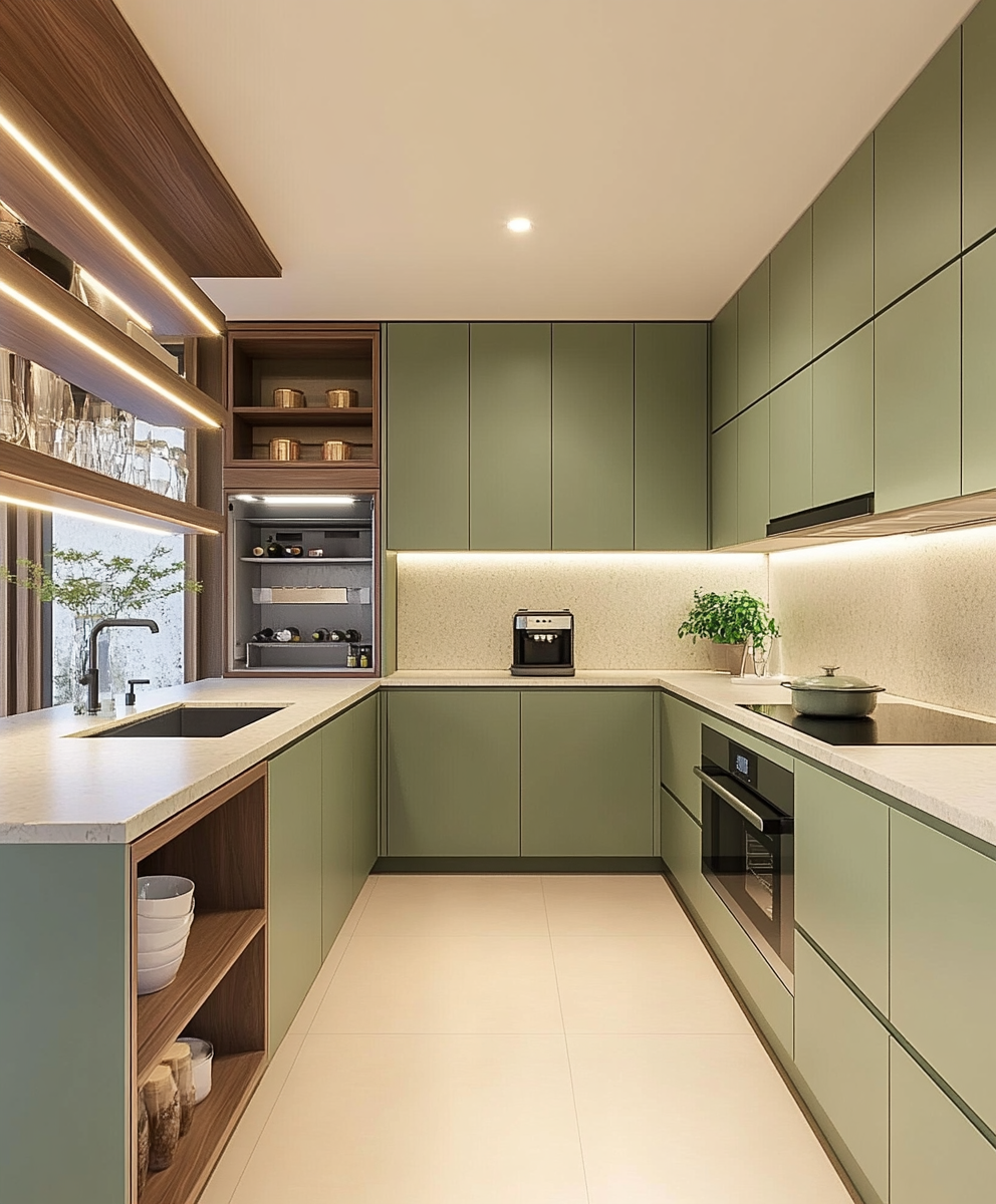 Sleek Urban Kitchen with Green Cabinetry and Wood Highlights | Material Depot