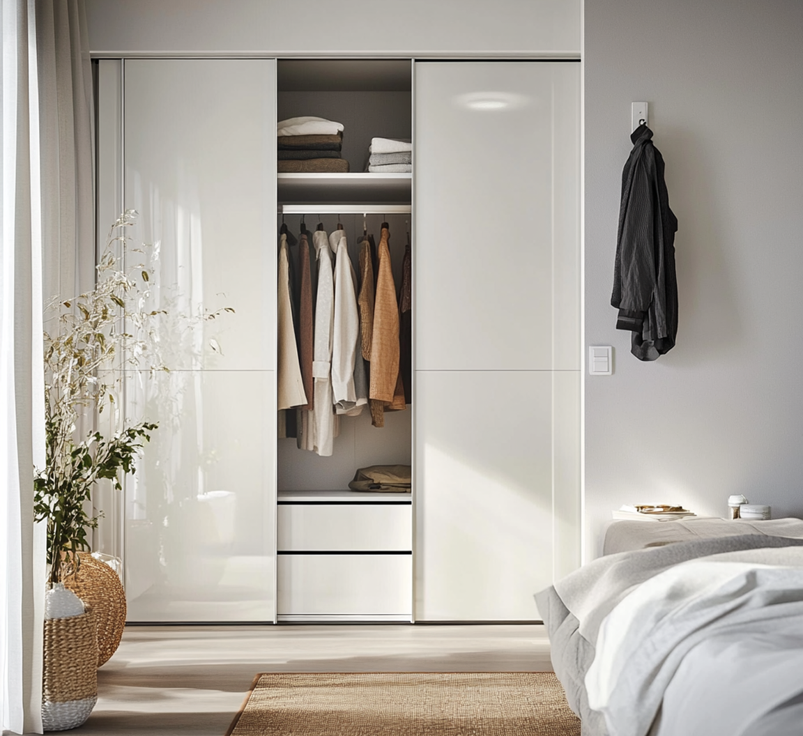 Sleek White Glossy Sliding Wardrobe for a Minimalist Modern Bedroom | Material Depot