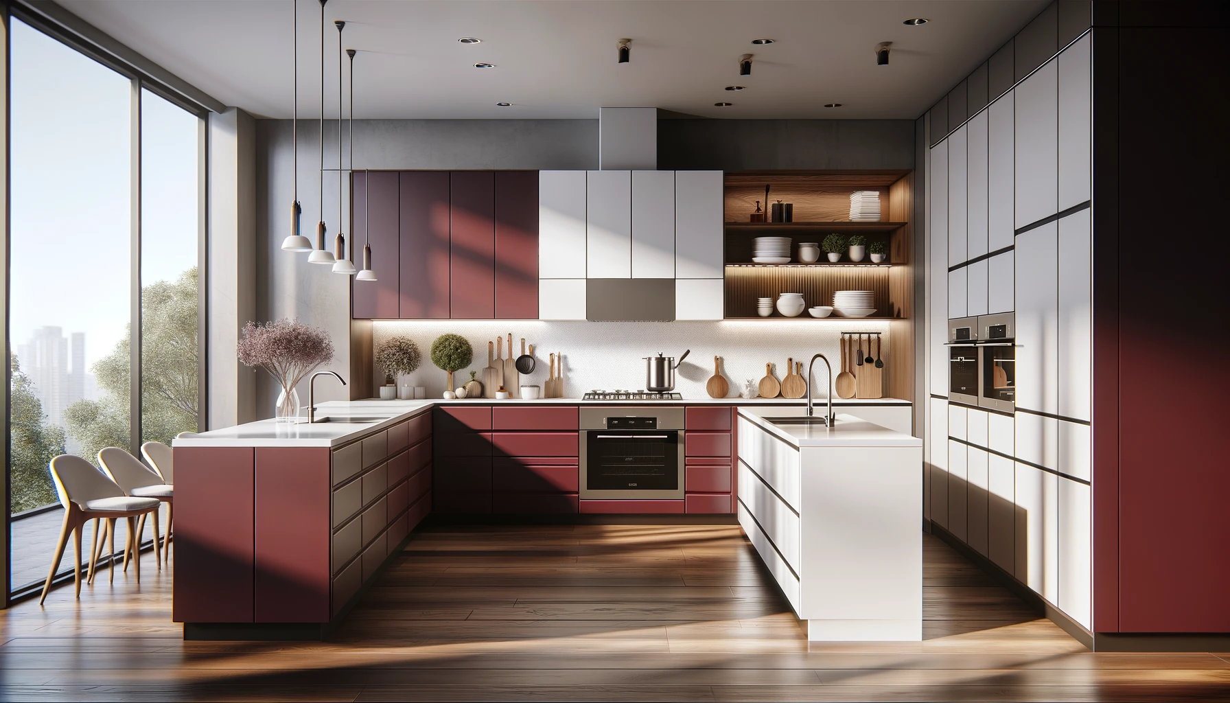 Sleek Wine and Cream Kitchen with Dynamic Geometric Play | Material Depot