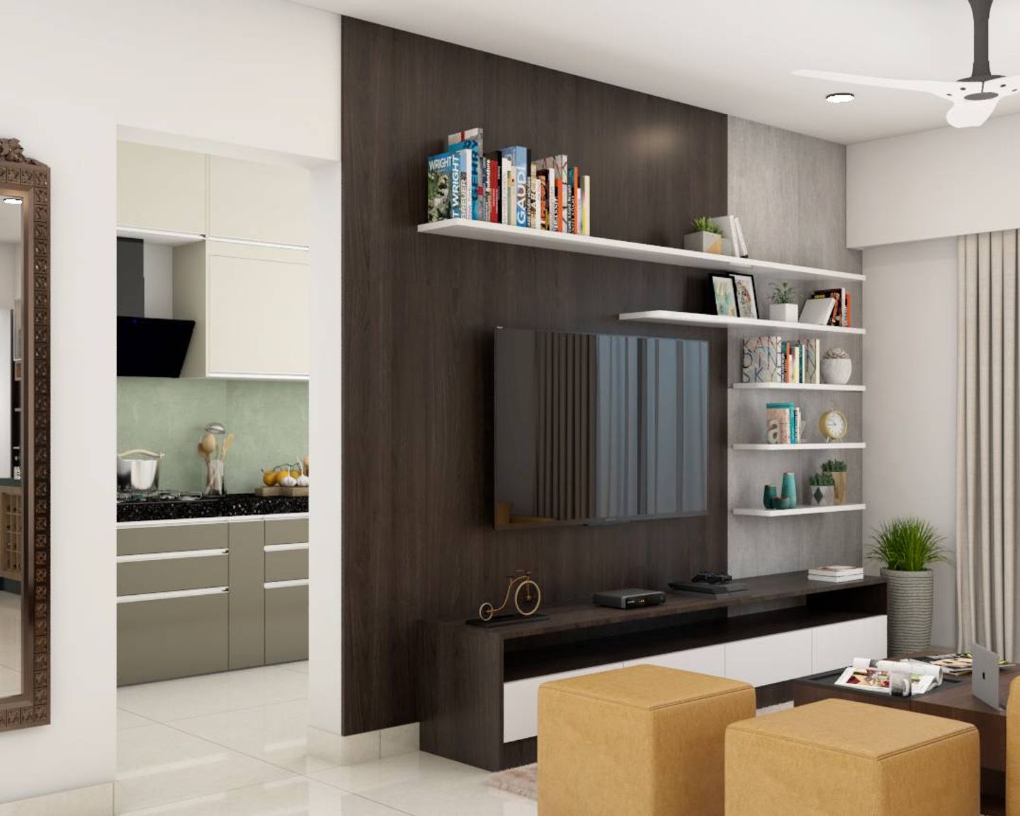 Grey-Wood TV Unit in Connected Living-Kitchen Space