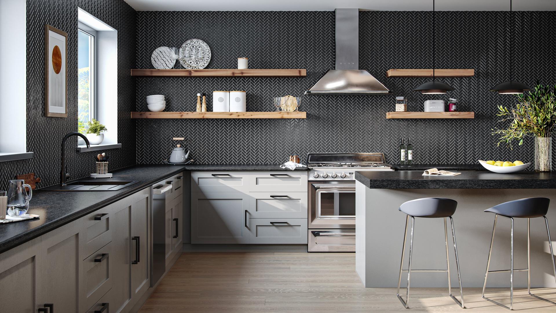 Kitchen with sleek wall and wooden floor