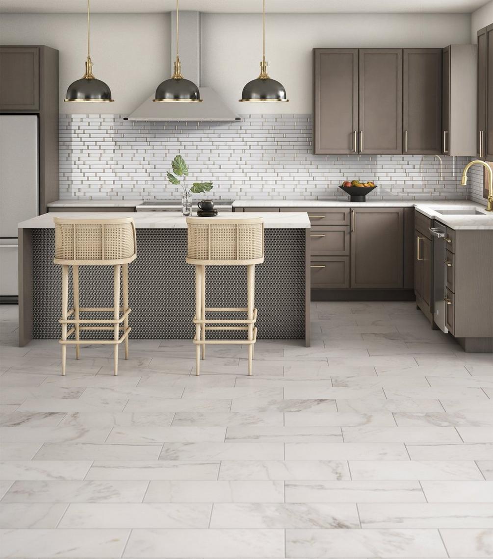 Brown laminate kitchen with marble floor tiles