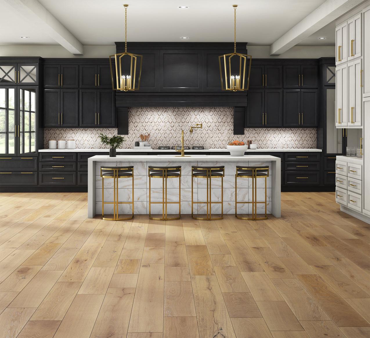 Kitchen unit with white patterned tile black cabinet and wooden floor