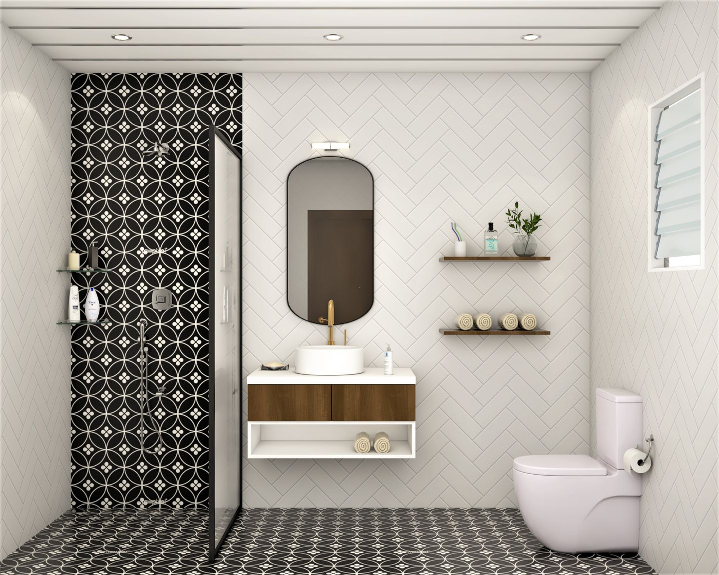 Contemporary Bathroom: Black, White Tiles, Long Mirror