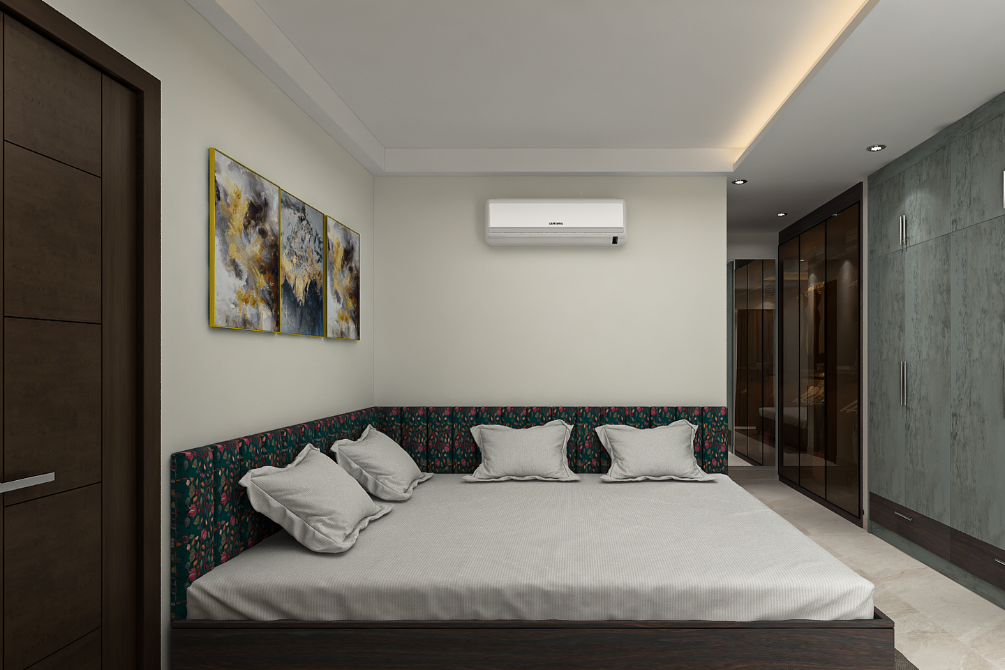 Master bedroom with dark wardrobe, white bed, L-shaped headboard, wall art, and air conditioner, radiating sleek and serene design.