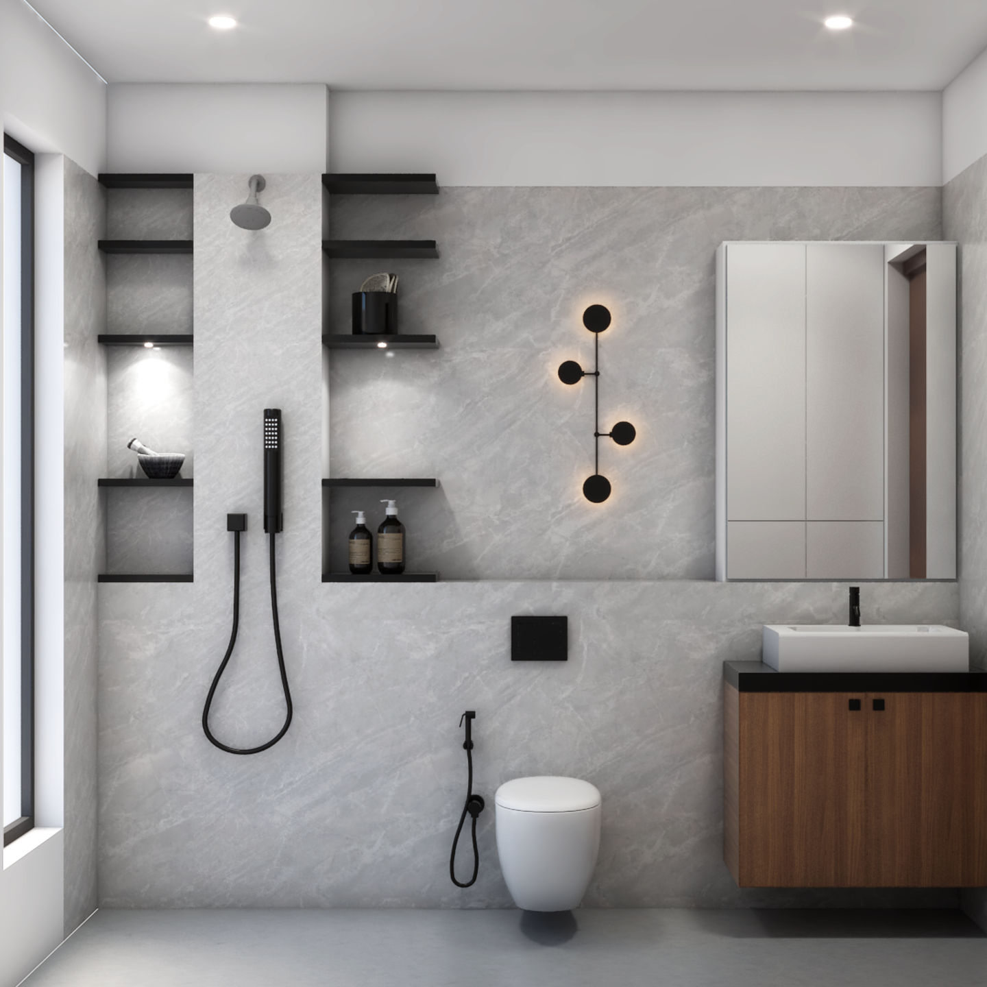 Modern grey-themed bathroom with black fittings: Sleek serenity and contemporary elegance in a spacious, stylish oasis.