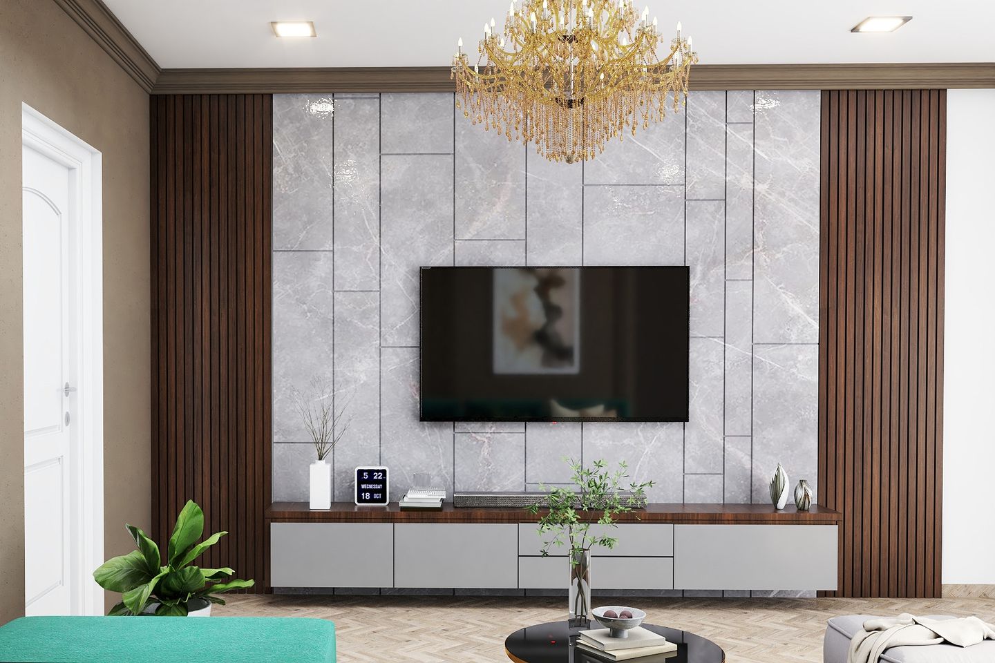 Room with a contemporary TV unit, grey stone panel behind the big TV, and a beautiful chandelier for added elegance.