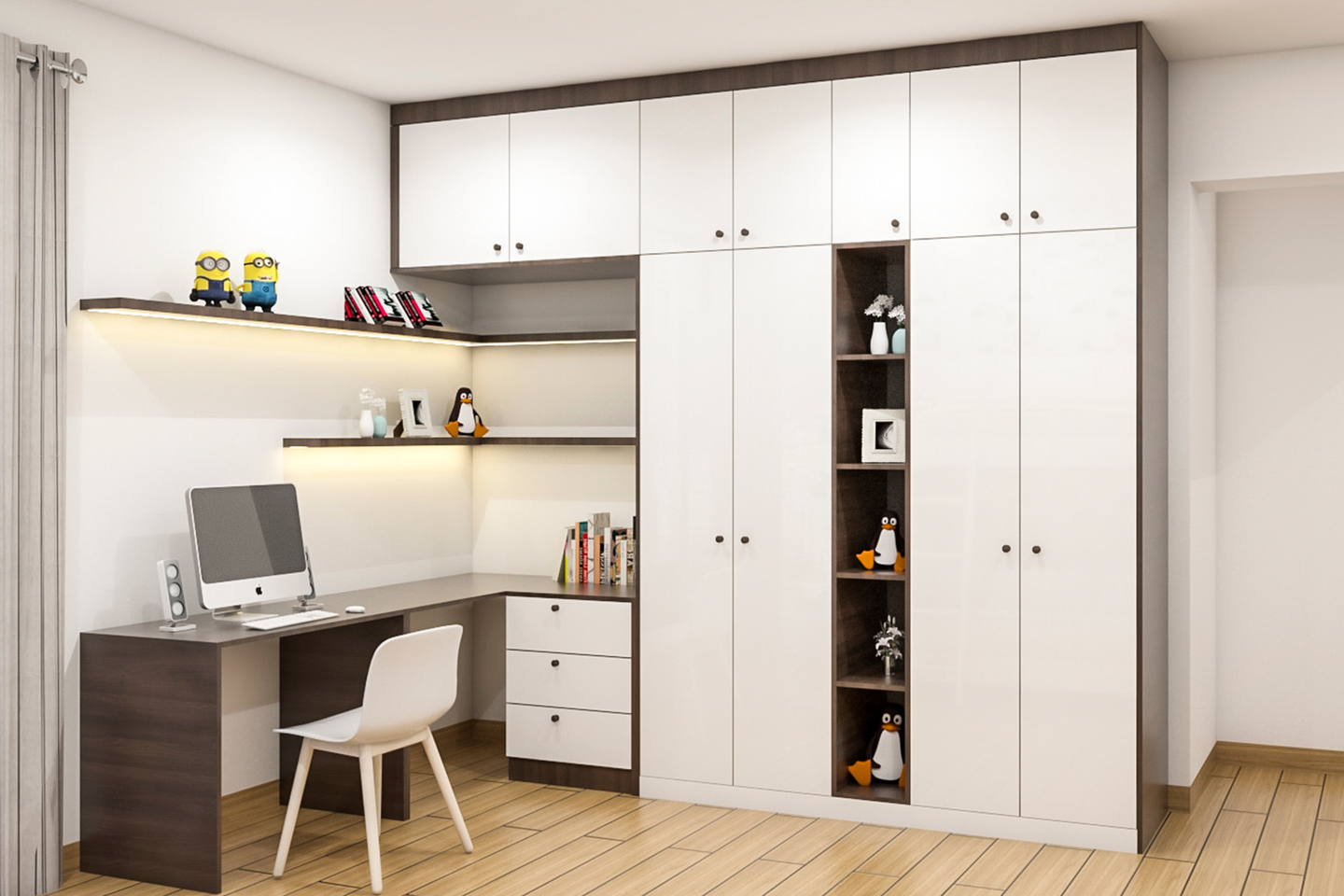 Sleek white home office with stylish wardrobe and functional workspace.