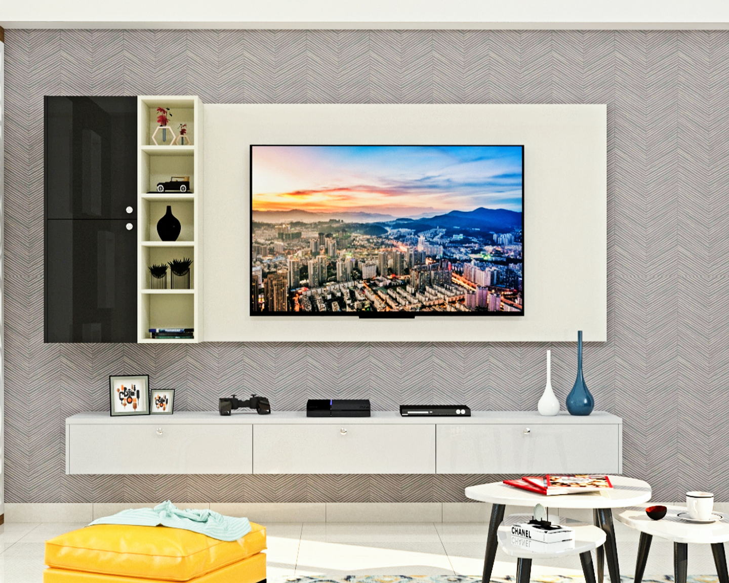 Compact TV Unit: Sleek White and Black Elegance