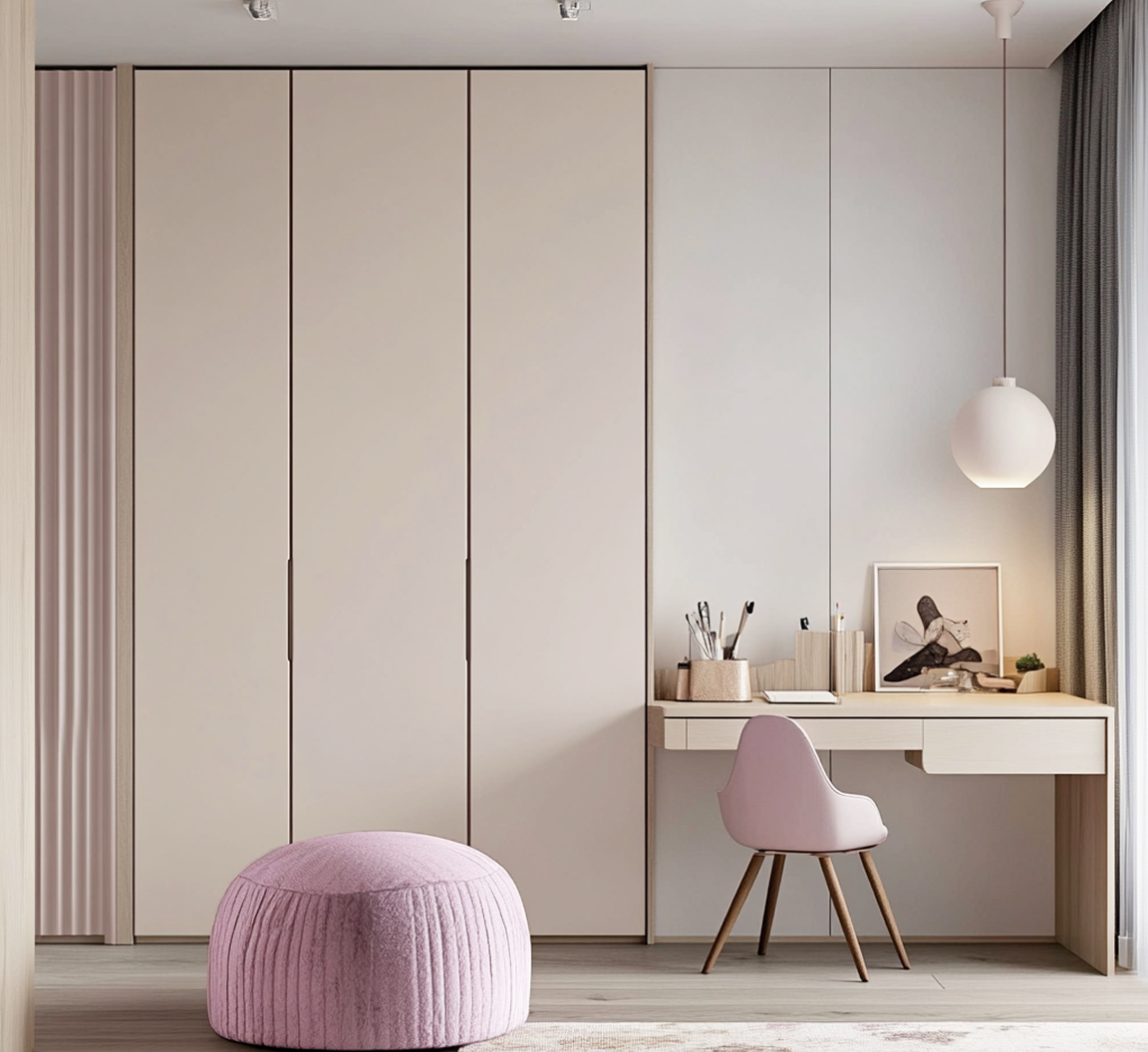 Soft Minimalist Wardrobe with Cozy Study Nook | Material Depot