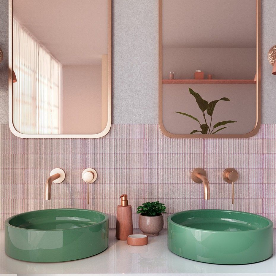 Soft Pastel Bathroom Highlighting Dual Green Sinks and Rose Gold Fixtures | Material Depot