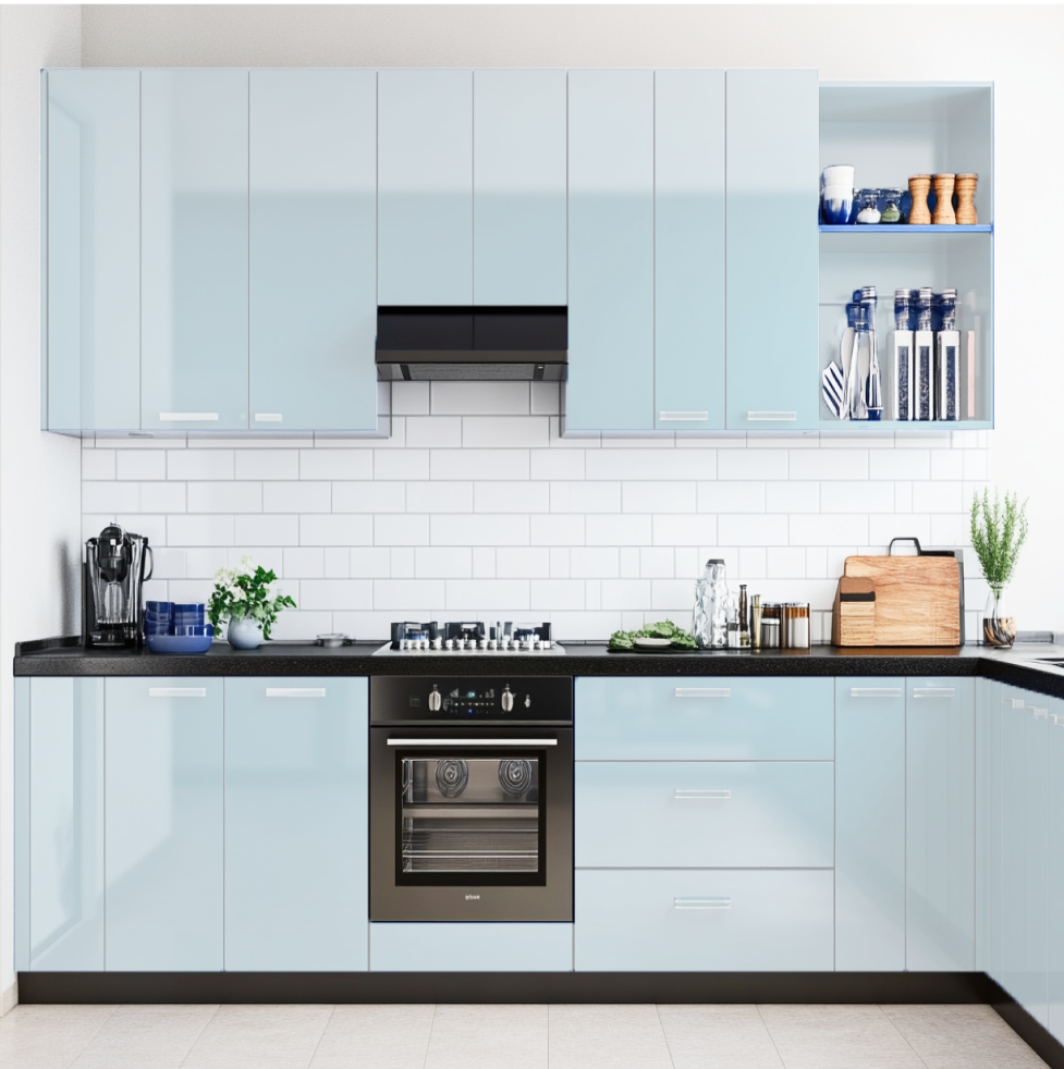 Soft Pastel Blue Glossy Solid Laminate Kitchen with Subway Tile Backsplash | Material Depot