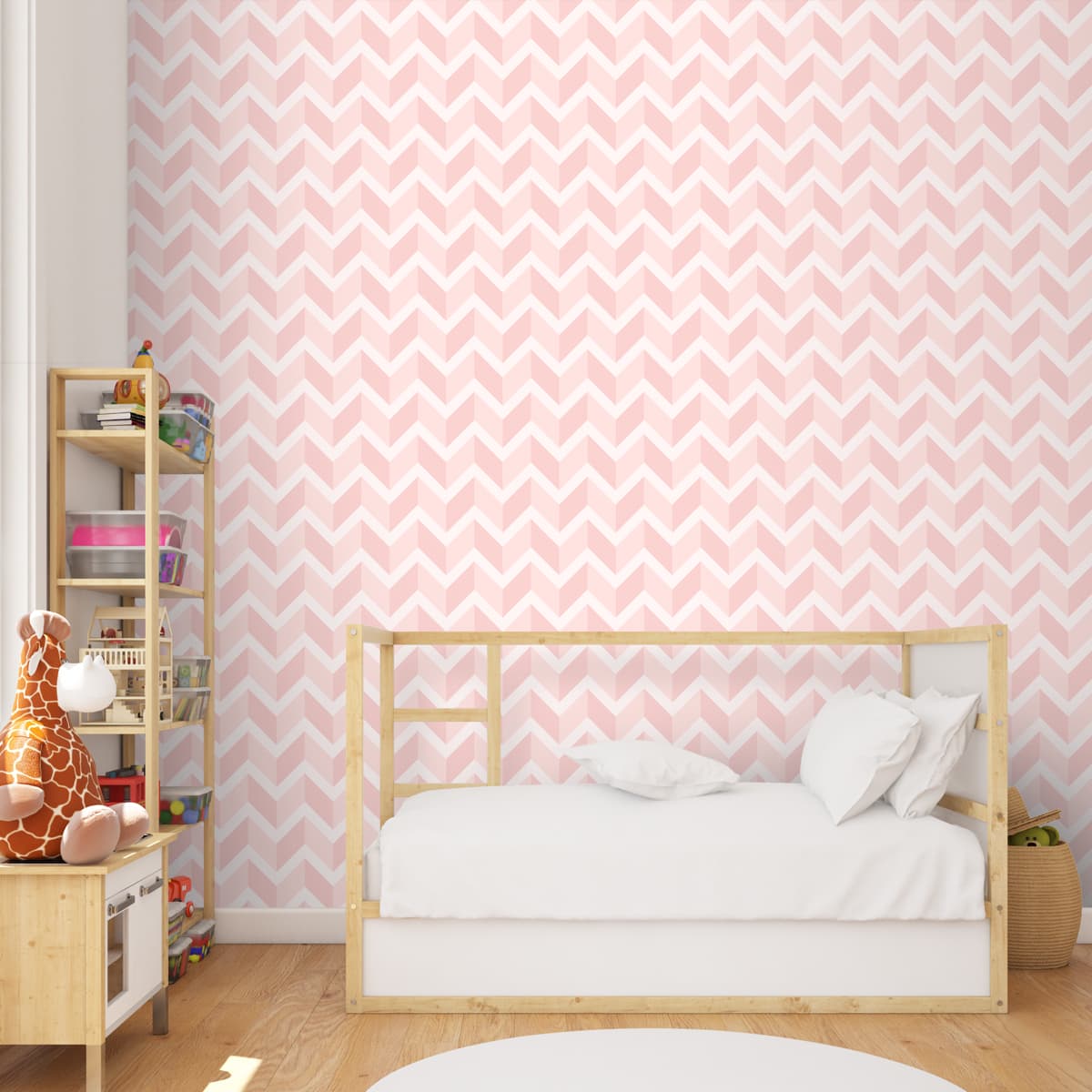 A close-up of a 3D Chevron Wallpaper, Pastel Pink 19.6 Inches(W) x 420 Inches(H) Atarangi Series 3D Patterned - 57 Sq. Ft. with a finish available at Material Depot in Bangalore