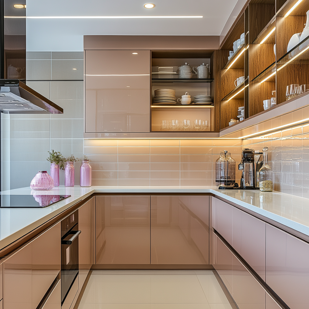 Soft Pink Modern Kitchen with Bright Interior and Reflective Surfaces | Material Depot