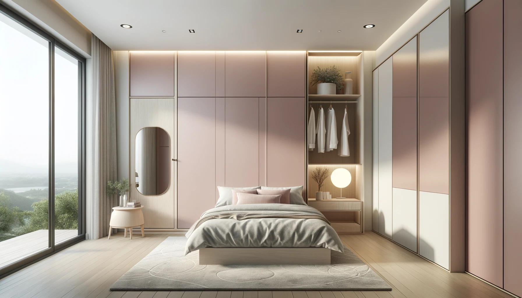 Soft Rosy Hues Infuse Tranquility in Spacious Modern Bedroom | Material Depot