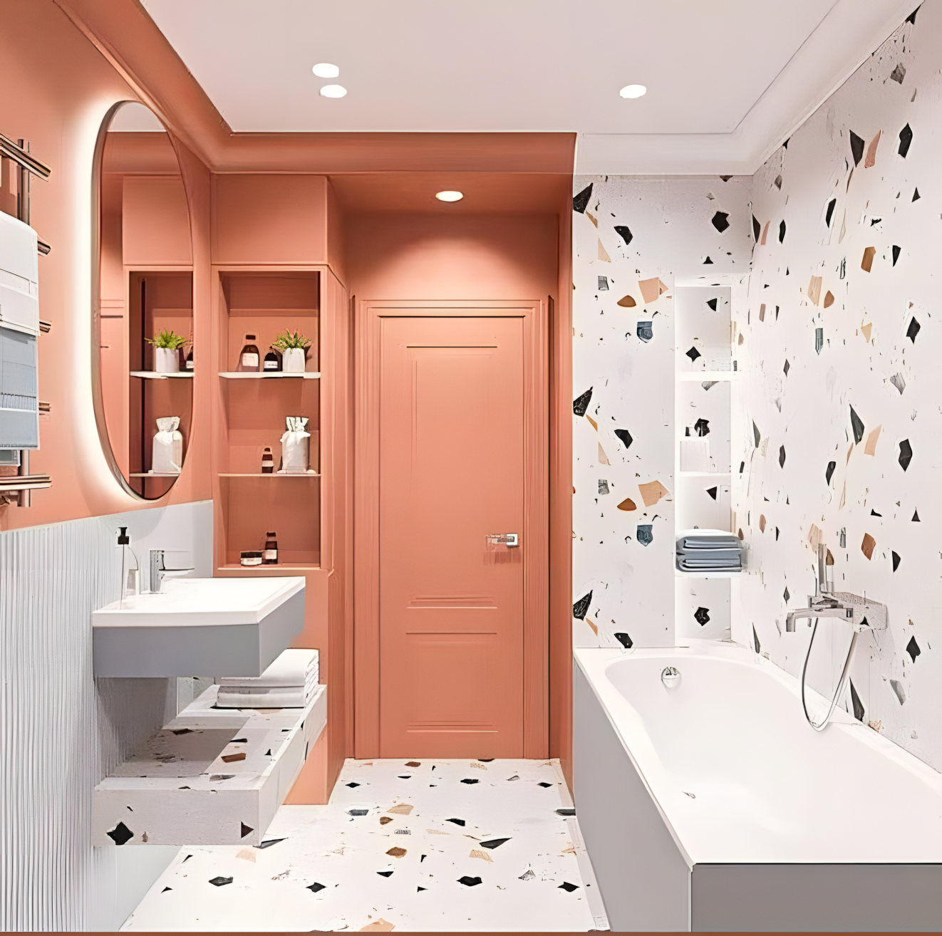 Soft Terracotta Walls Paired with Vibrant Terrazzo Tiles for a Modern Bathroom Look | Material Depot