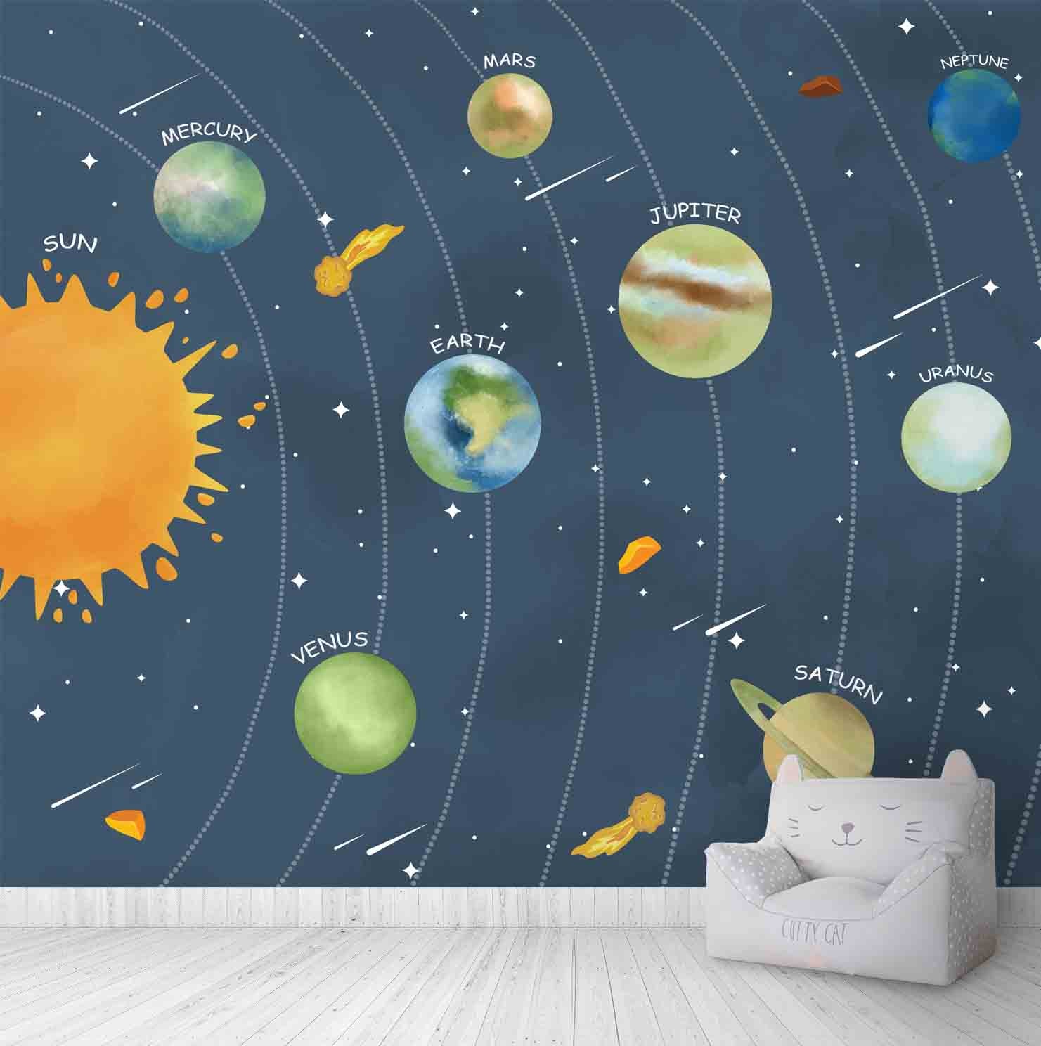 A close-up of a Solar System Space Wallpaper for Children Room Decor Sparkla N Shine Series Space Design (Customised Size Wallpaper) with a finish available at Material Depot in Bangalore