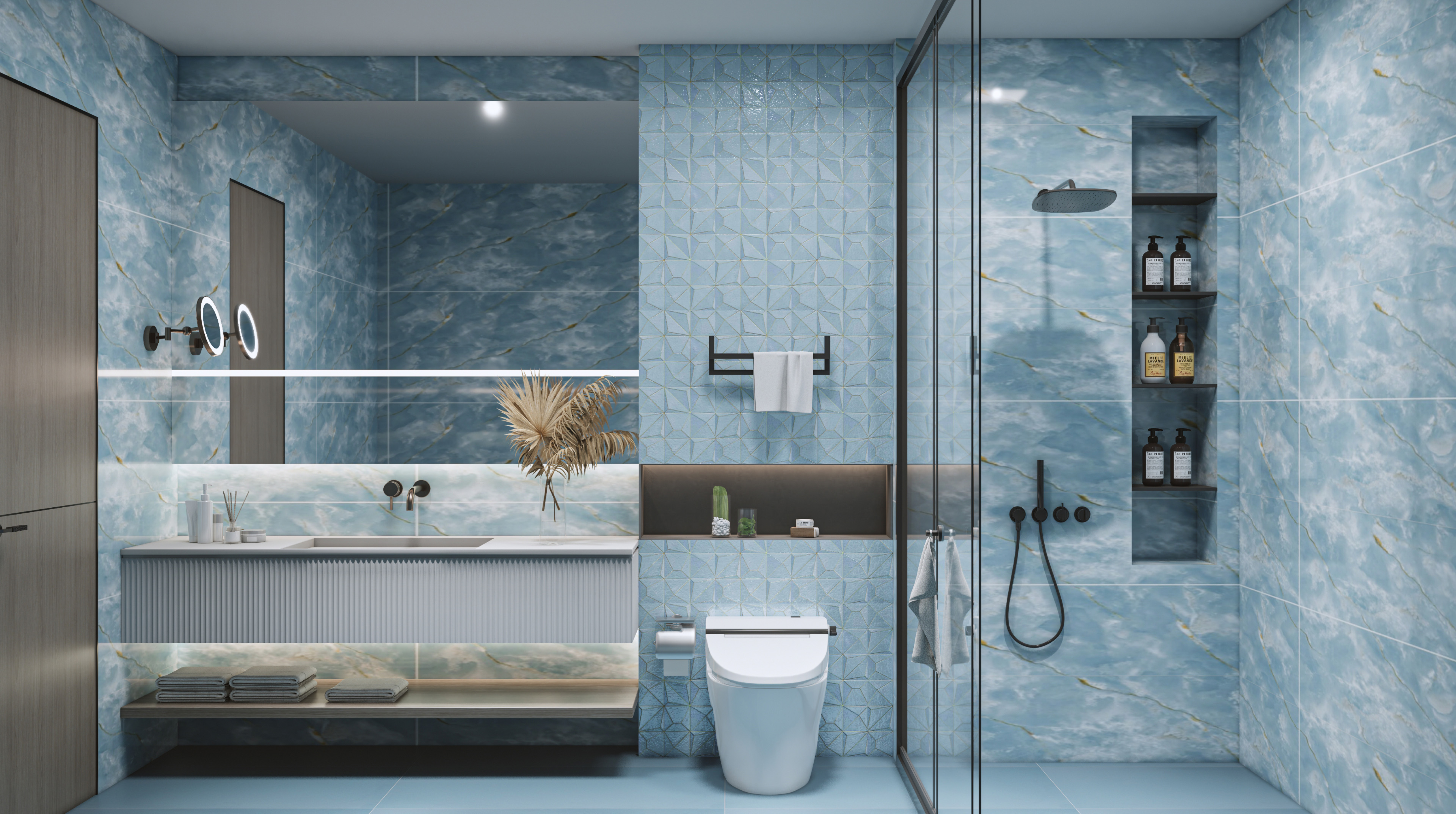 Soothing Sky Blue Bathroom with Textured and Marble Effect Tiles | Material Depot