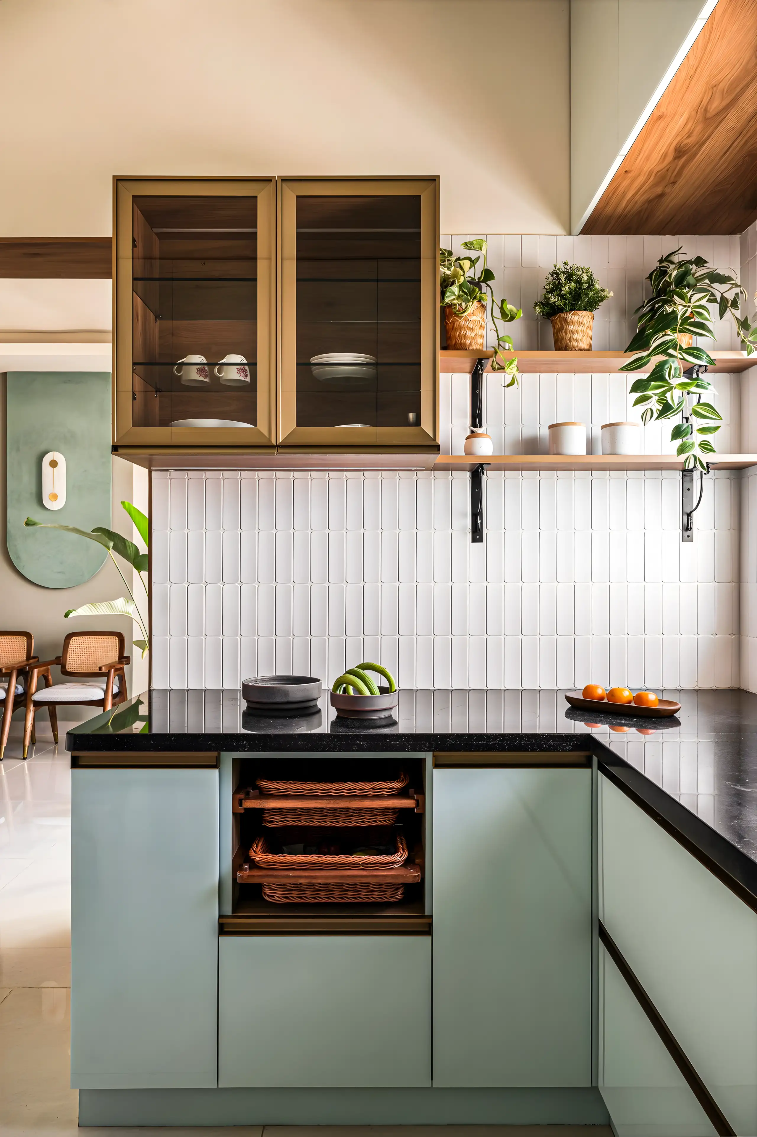 Sophisticate Kitchen With White Subway Backsplash And Wooden Ceiling | Material Depot