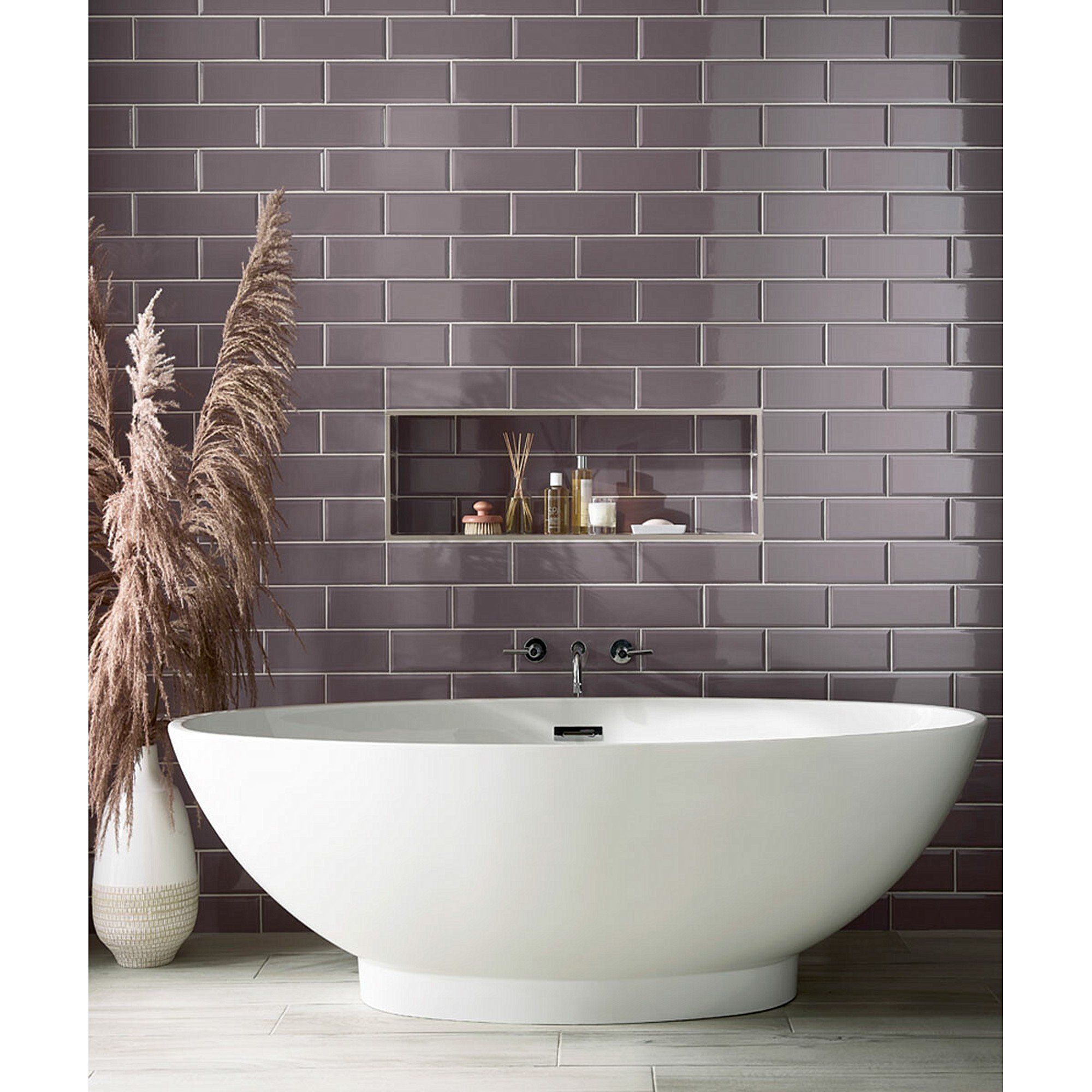 Sophisticated Bathroom Design Featuring Elegant Plum Subway Tiles and a Luxurious Freestanding Bathtub | Material Depot