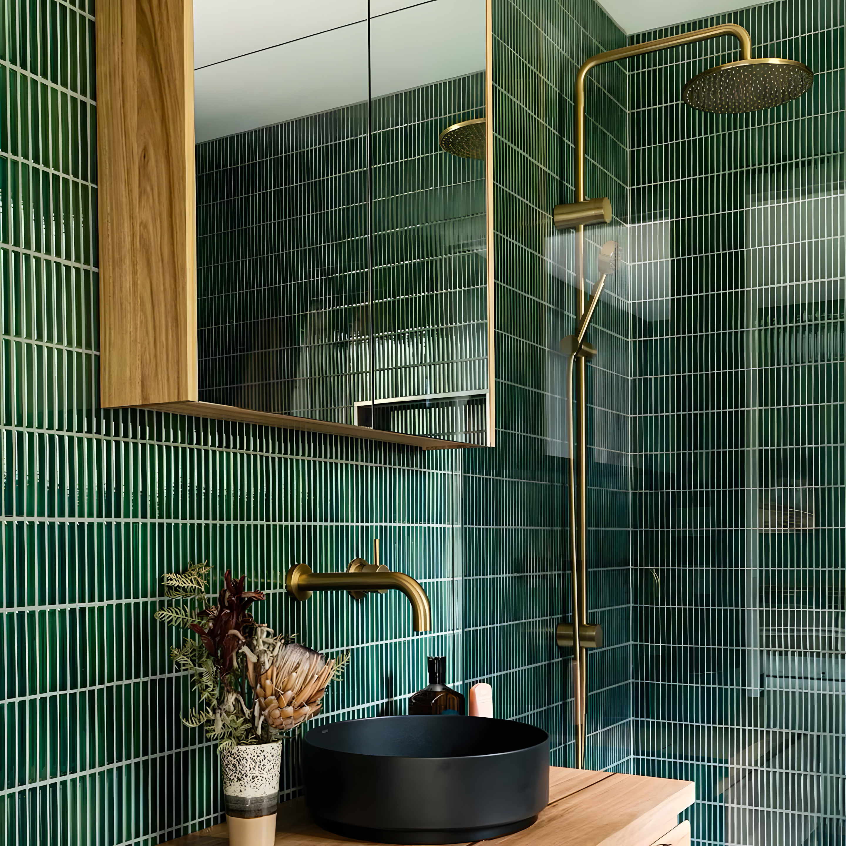 Sophisticated Bathroom with Green Subway Tiles | Material Depot