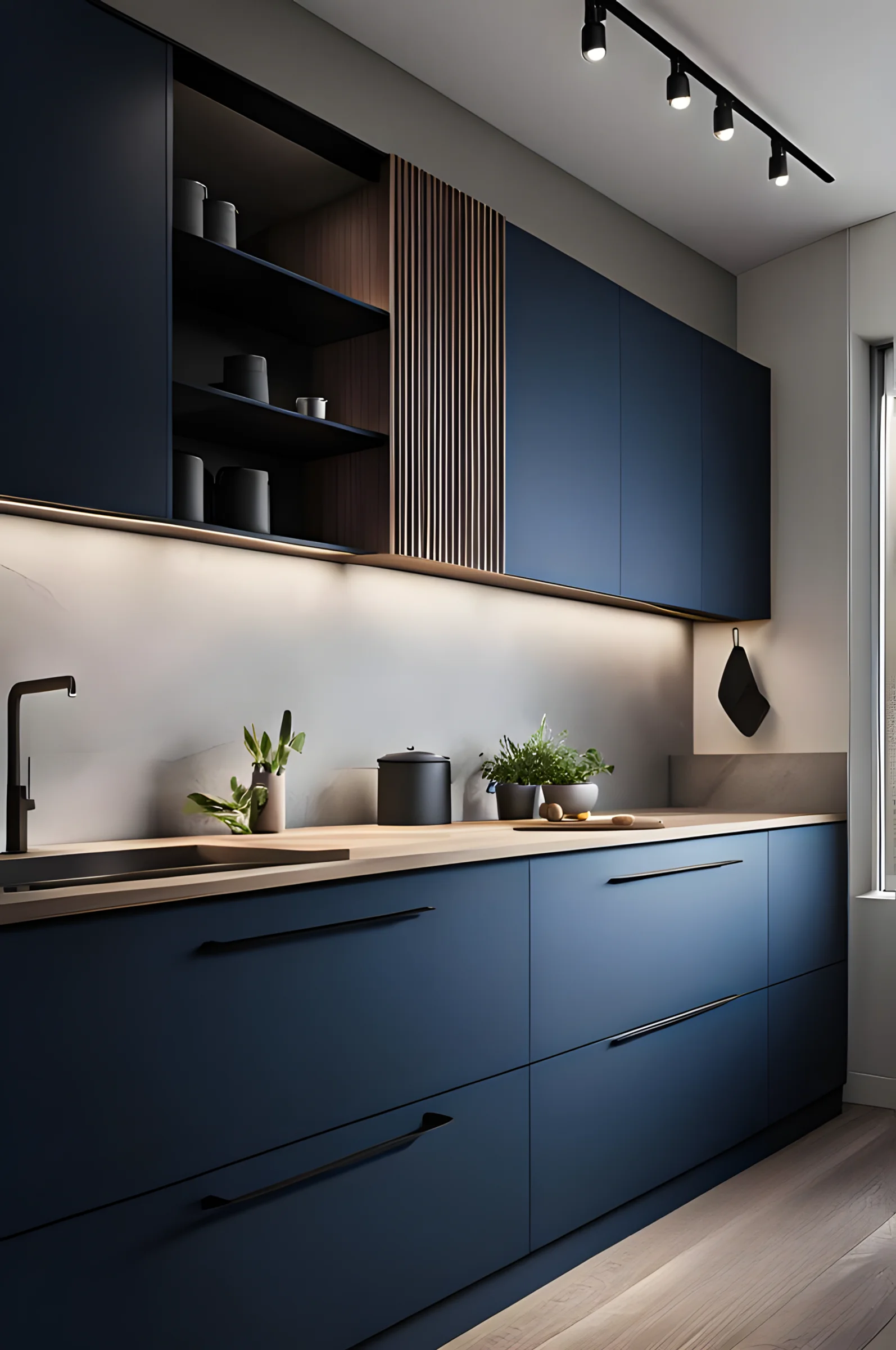 Sophisticated Blue And Wood Kitchen Design | Material Depot