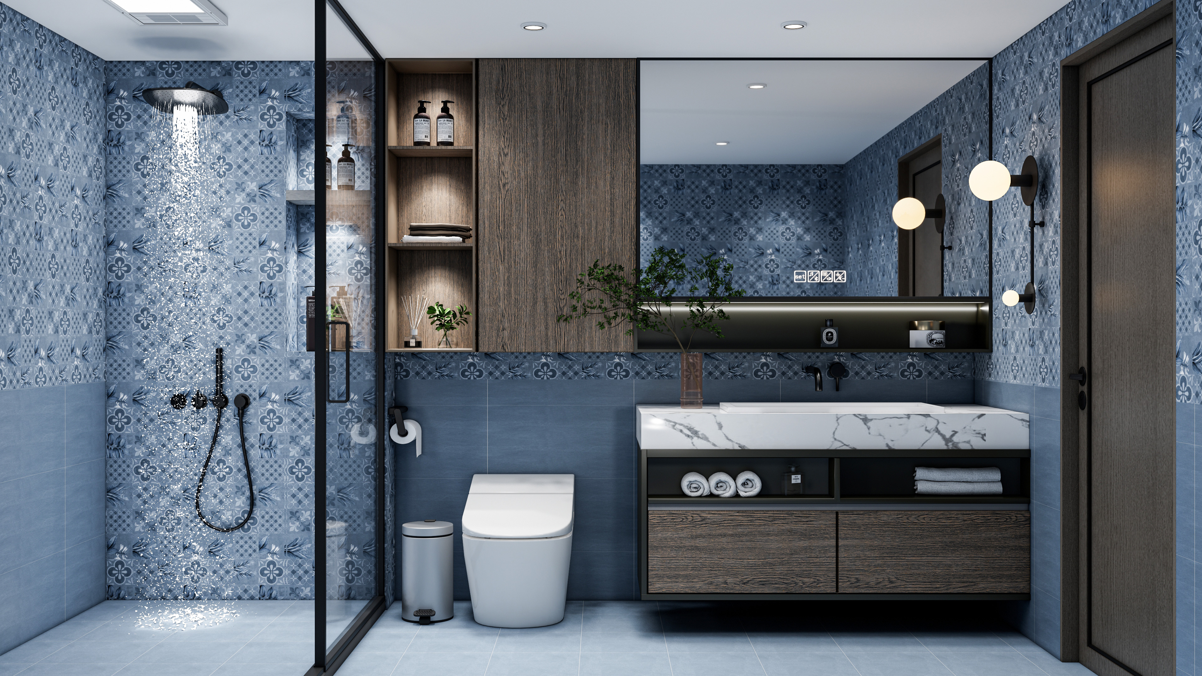 Sophisticated Blue Bathroom with Patterned and Solid Tiles | Material Depot