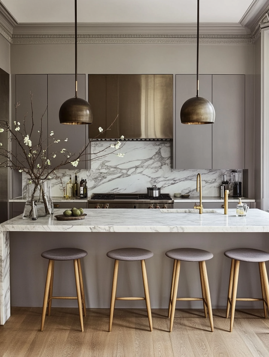 Sophisticated Gray and Marble Kitchen with Classic Design Elements and Brass Accents | Material Depot