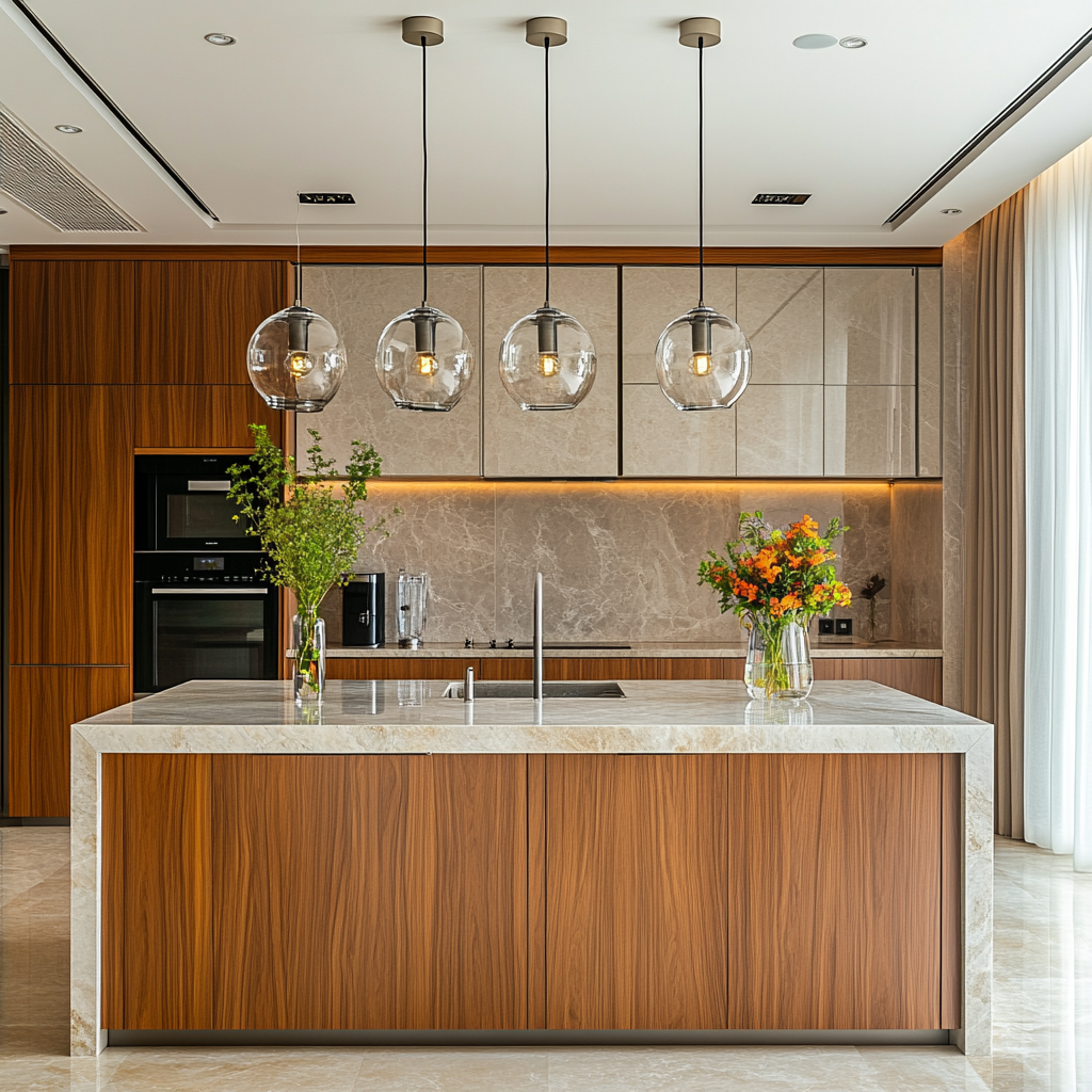 Sophisticated Harmony: Luxurious Kitchen Blend of Natural Wood and Elegant Glass Pendants | Material Depot