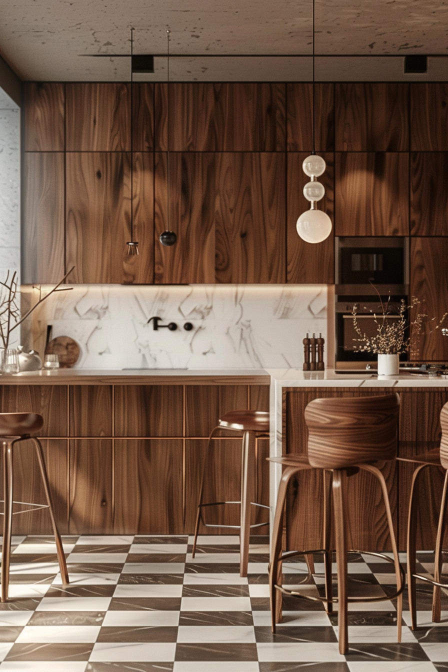 Sophisticated Kitchen Bar with Walnut Wood Finish and Marble Accents | Material Depot