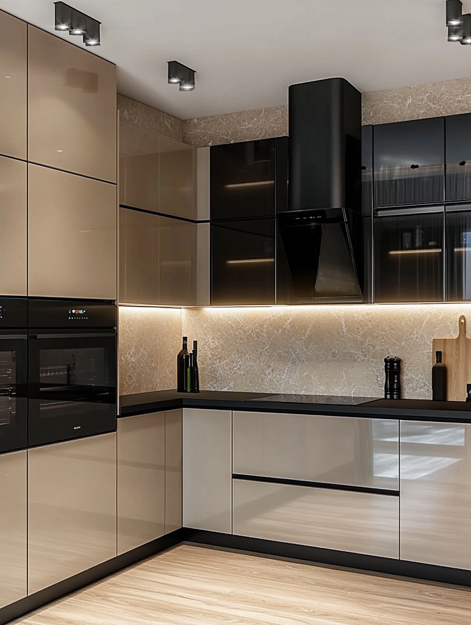 Sophisticated Kitchen Design with Neutral Toned High-Gloss Cabinetry and Marble Accents | Material Depot