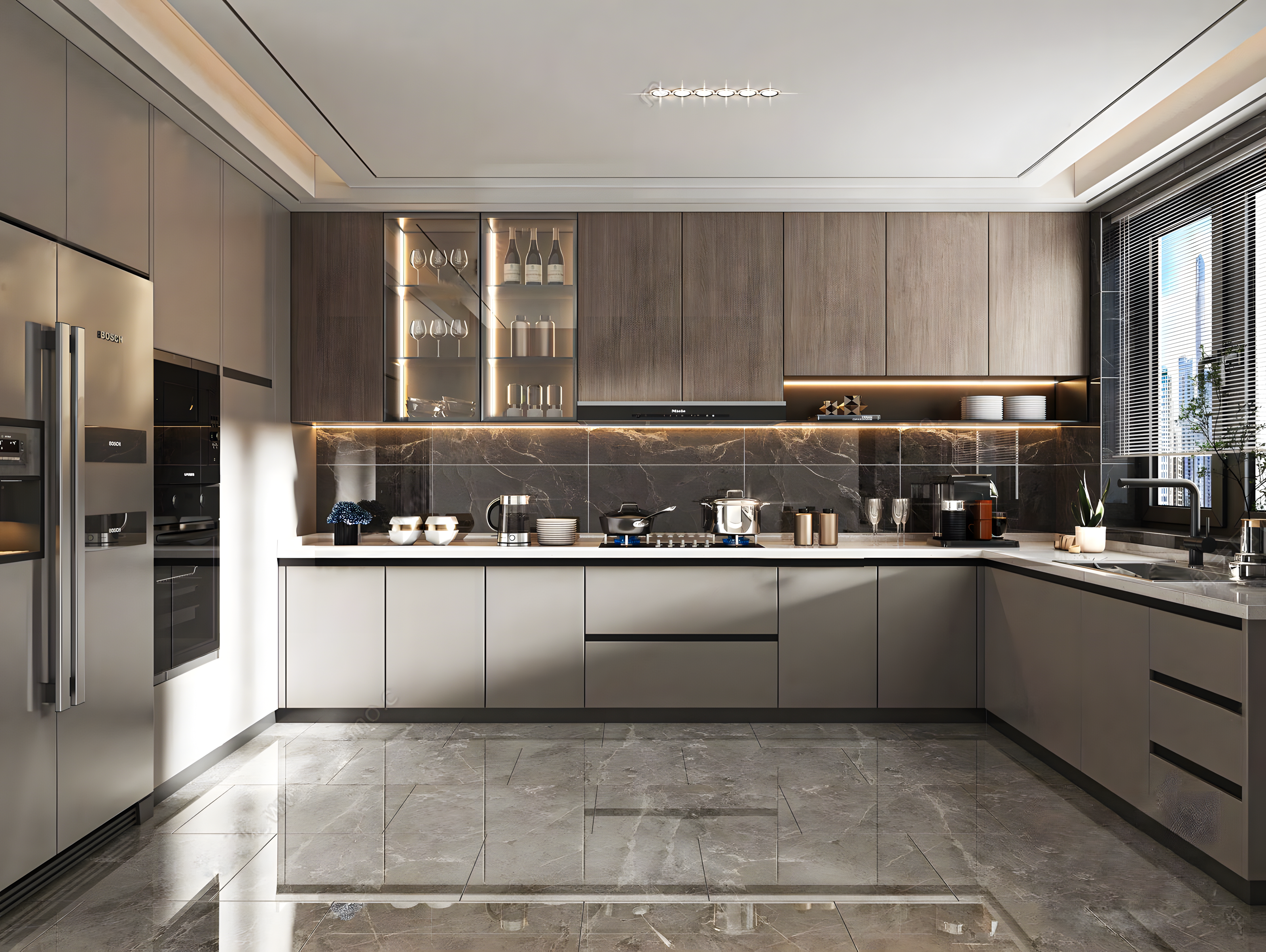 Sophisticated kitchen with grey cabinetry, marble flooring, and sleek stainless steel appliances. | Material Depot