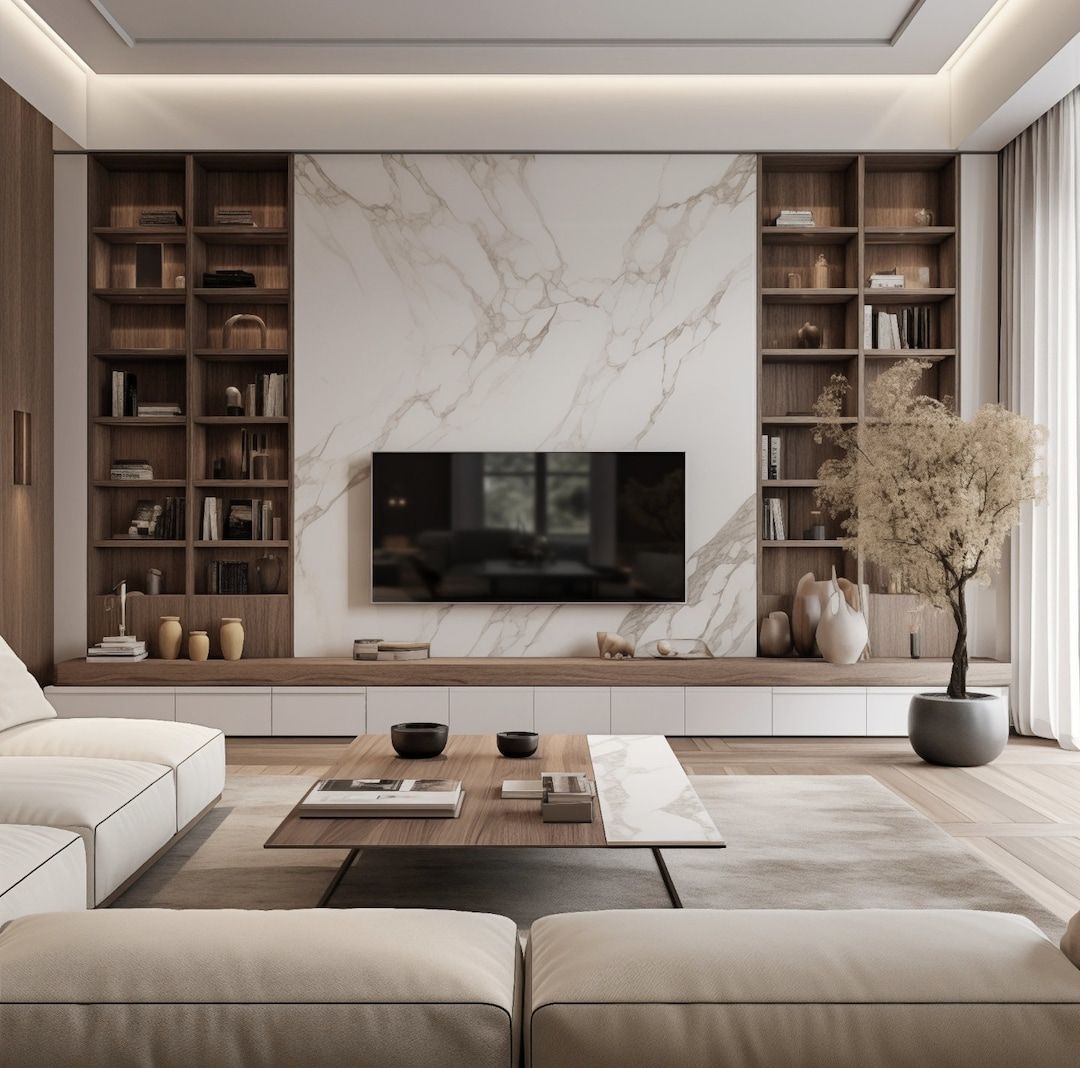 Sophisticated Modern Living Room with Marble TV Wall | Material Depot