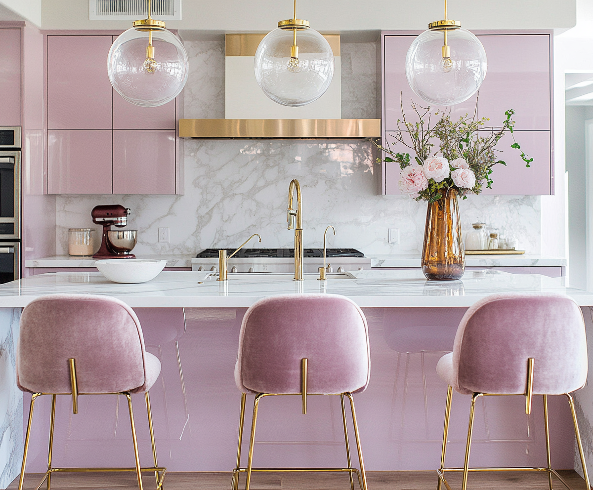 Sophisticated Pink Kitchen Featuring White Marble Backsplash and Luxurious Gold Details | Material Depot