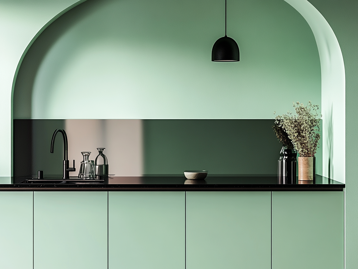 Sophisticated Seafoam Green Kitchen with Archway Design | Material Depot