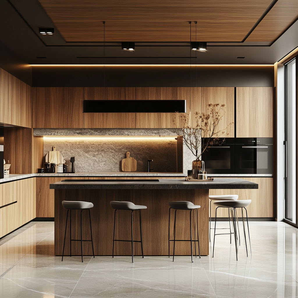 Sophisticated Serenity: Streamlined Kitchen Aesthetics Featuring Marble Highlights and Warm Wood Tones | Material Depot