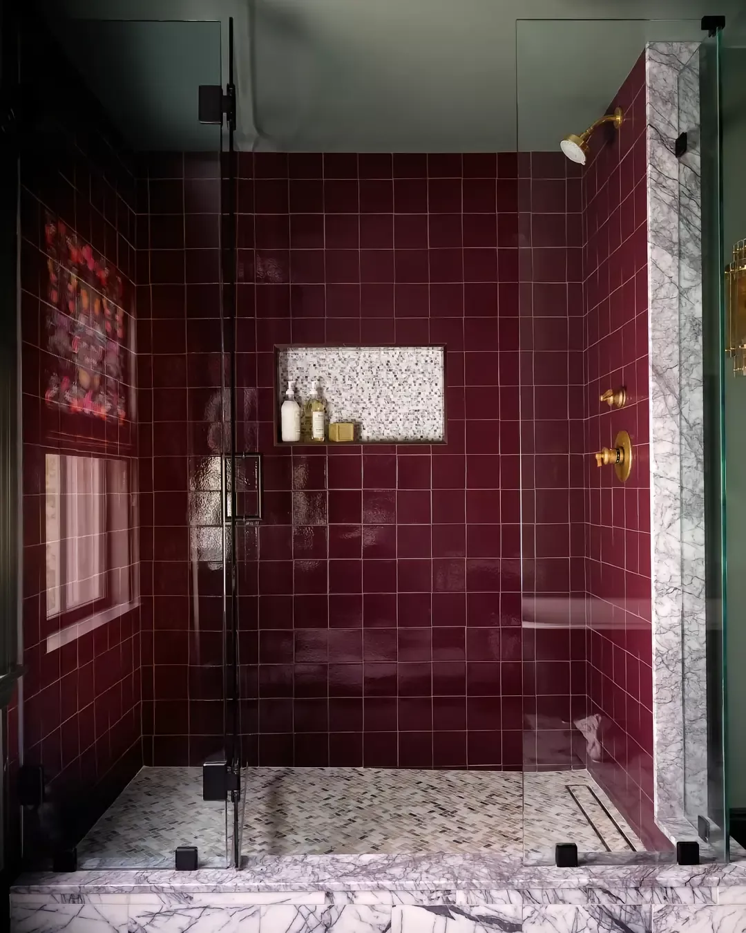 Sophisticated Shower Space with Burgundy Tiles and Marble Accents | Material Depot