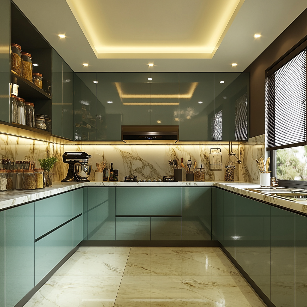 Sophisticated Teal Kitchen with Elegant Marble Backsplash and Ambient Lighting | Material Depot