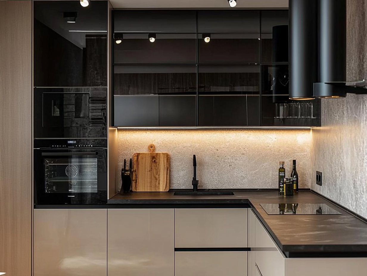 Sophisticated Urban Kitchen with Sleek Black Cabinets and Textured Backsplash | Material Depot