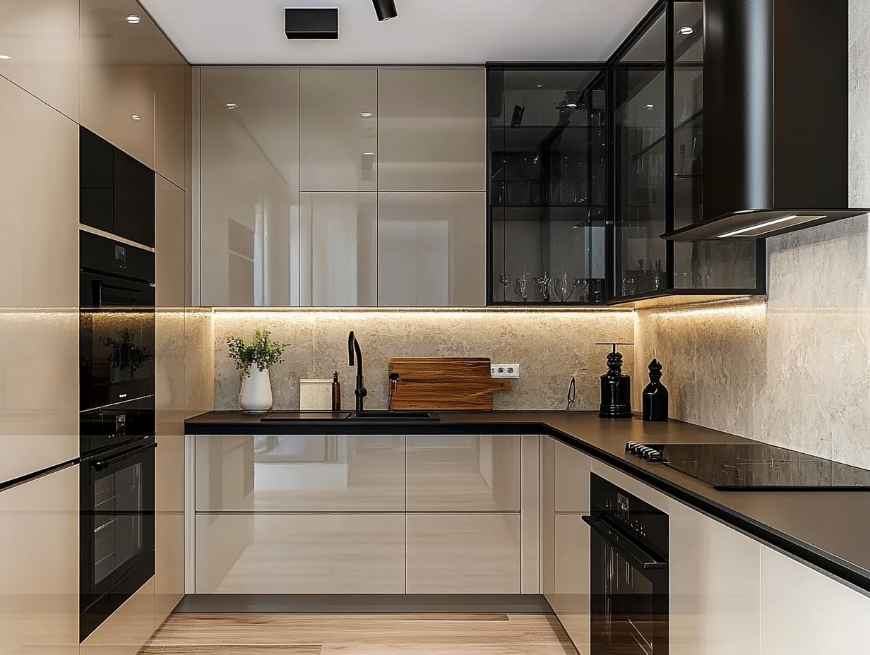 Sophisticated Urban Kitchen with Sleek Black Glass Cabinets and Ambient Lighting | Material Depot