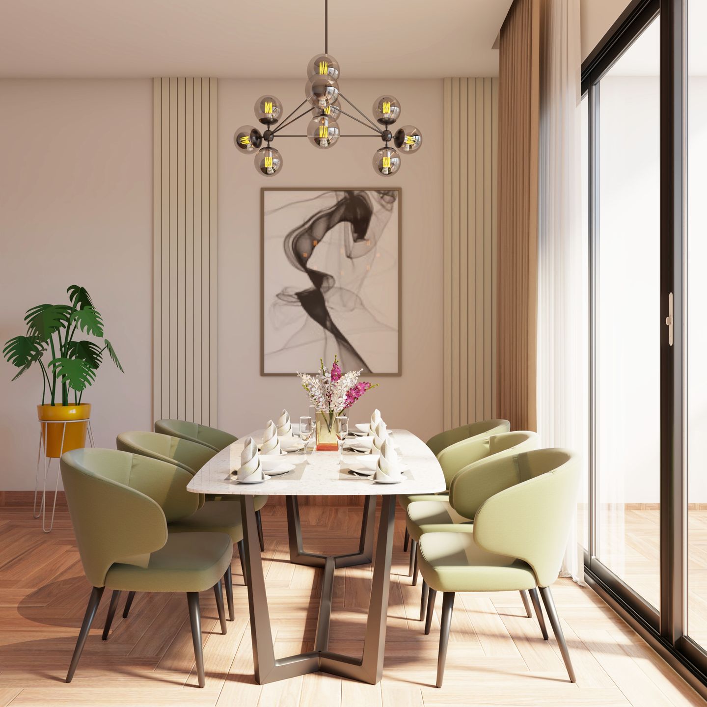 Dining room with a large window, a chandelier, a framed art piece, and a wooden dining table with green chairs