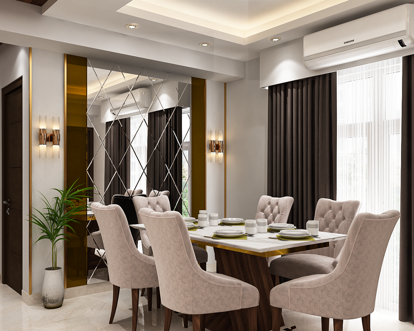 Elegant 6-Seater Dining with Mirror Wall Decor